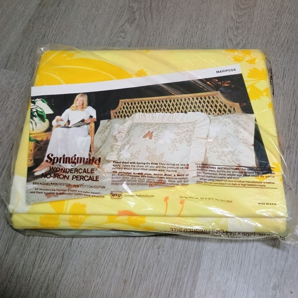 Springmaid Wonderscale No Iron Percale Yellow Floral Retro Vtg Double Flat Sheet - Picture 4 of 4
